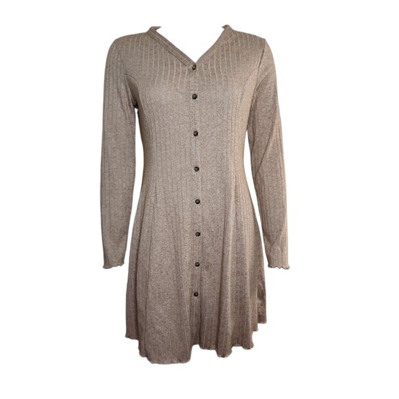 Primark Dress Womens Size 10 Solid All Tan Long Sleeve Ribbed Button Front - Picture 1 of 7